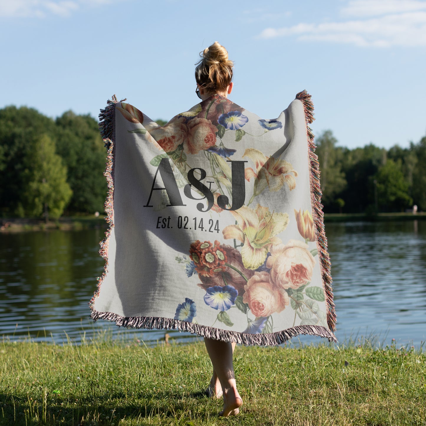 Floral Romance Anniversary Personalized Woven Blanket
