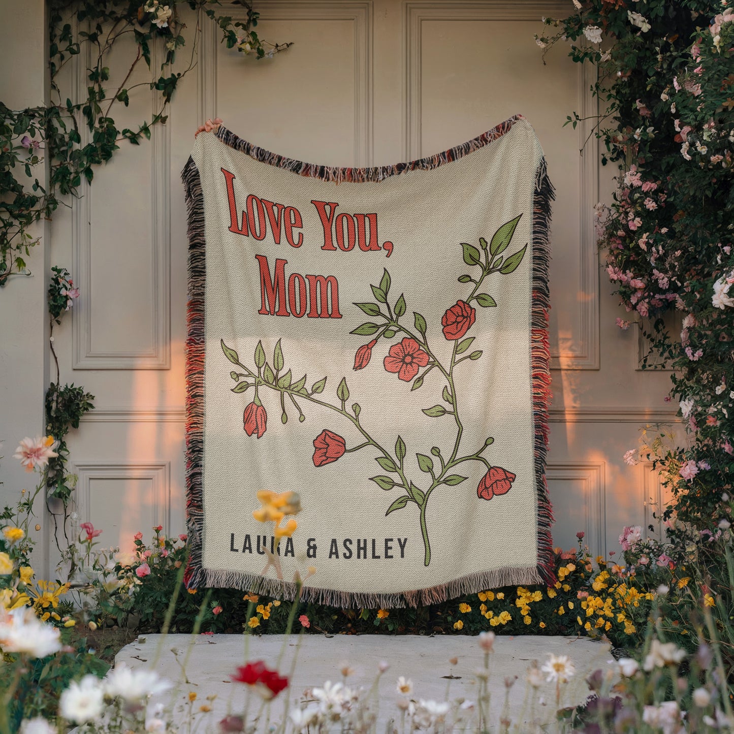 Vintage Blossoms Love You Mom Personalized Woven Blanket