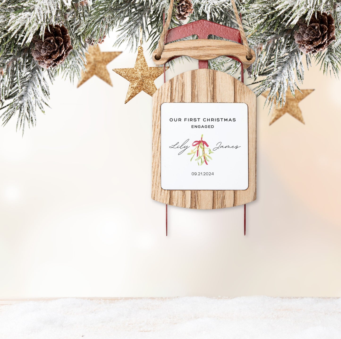 Personalized First Christmas Engaged Rustic Sled Ornament