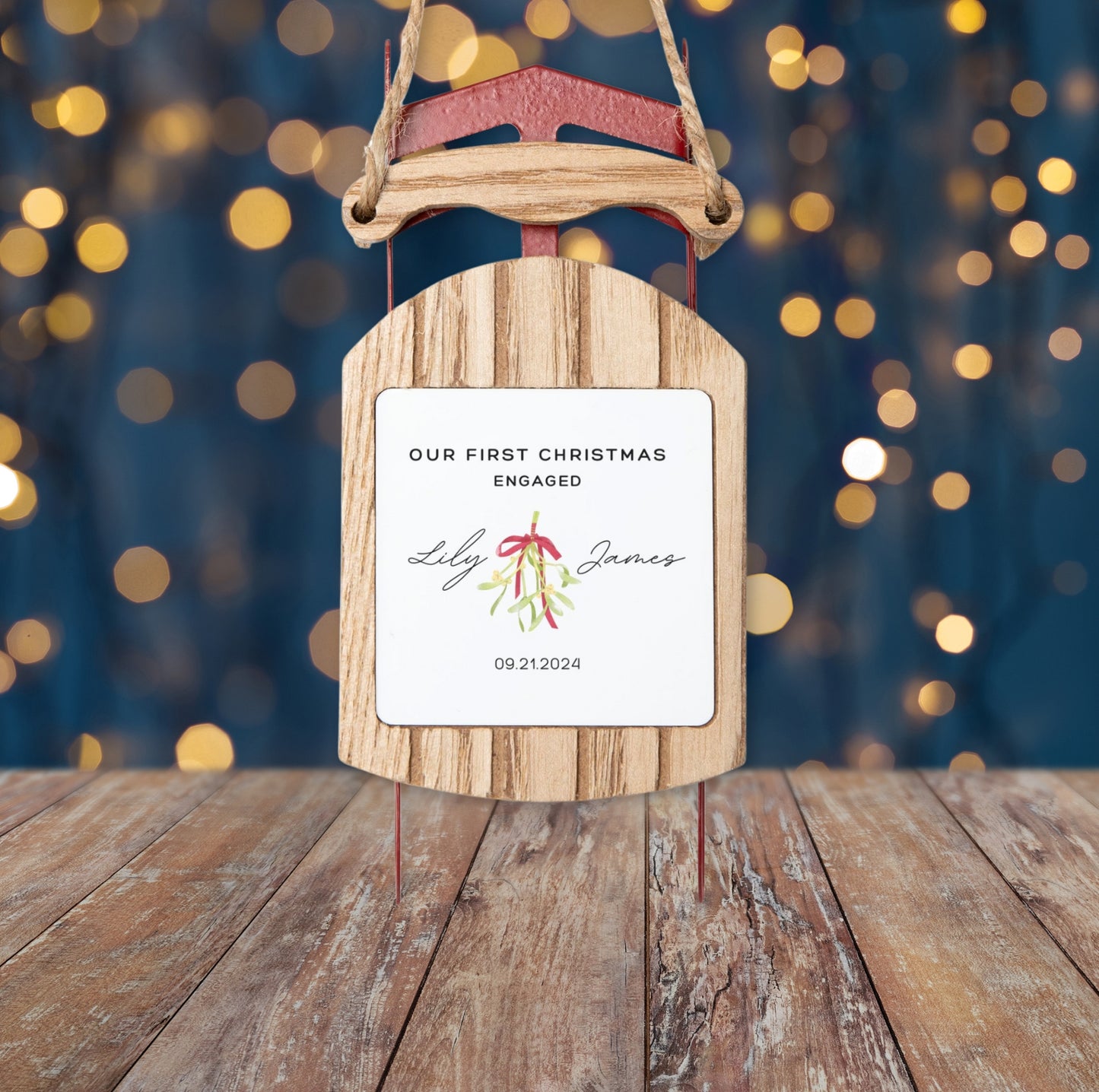 Personalized First Christmas Engaged Rustic Sled Ornament