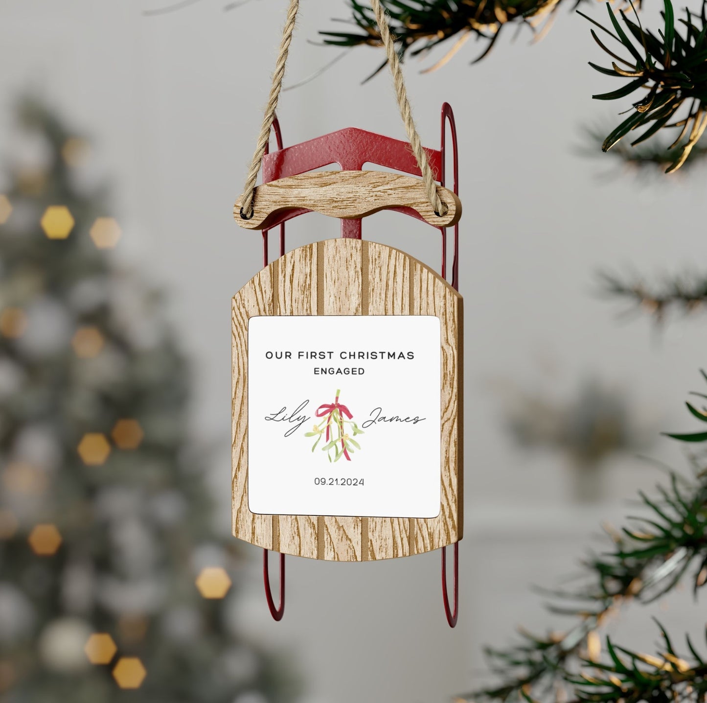 Personalized First Christmas Engaged Rustic Sled Ornament