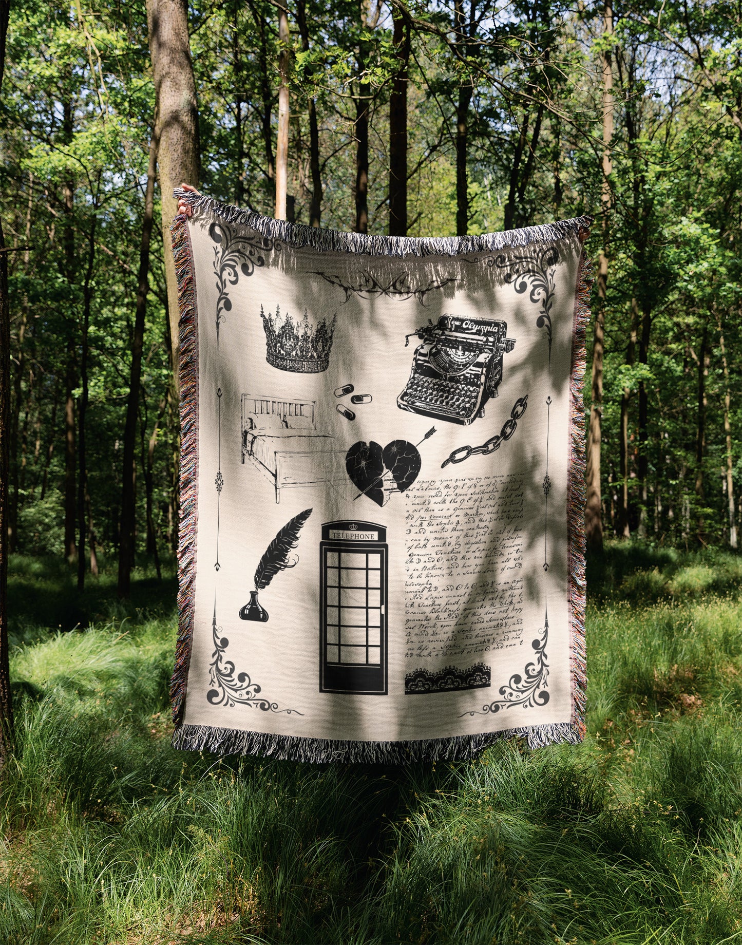 A person holding a woven blanket with design elements inspired by the Tortured Poet Music Video with blanket and white color scheme.