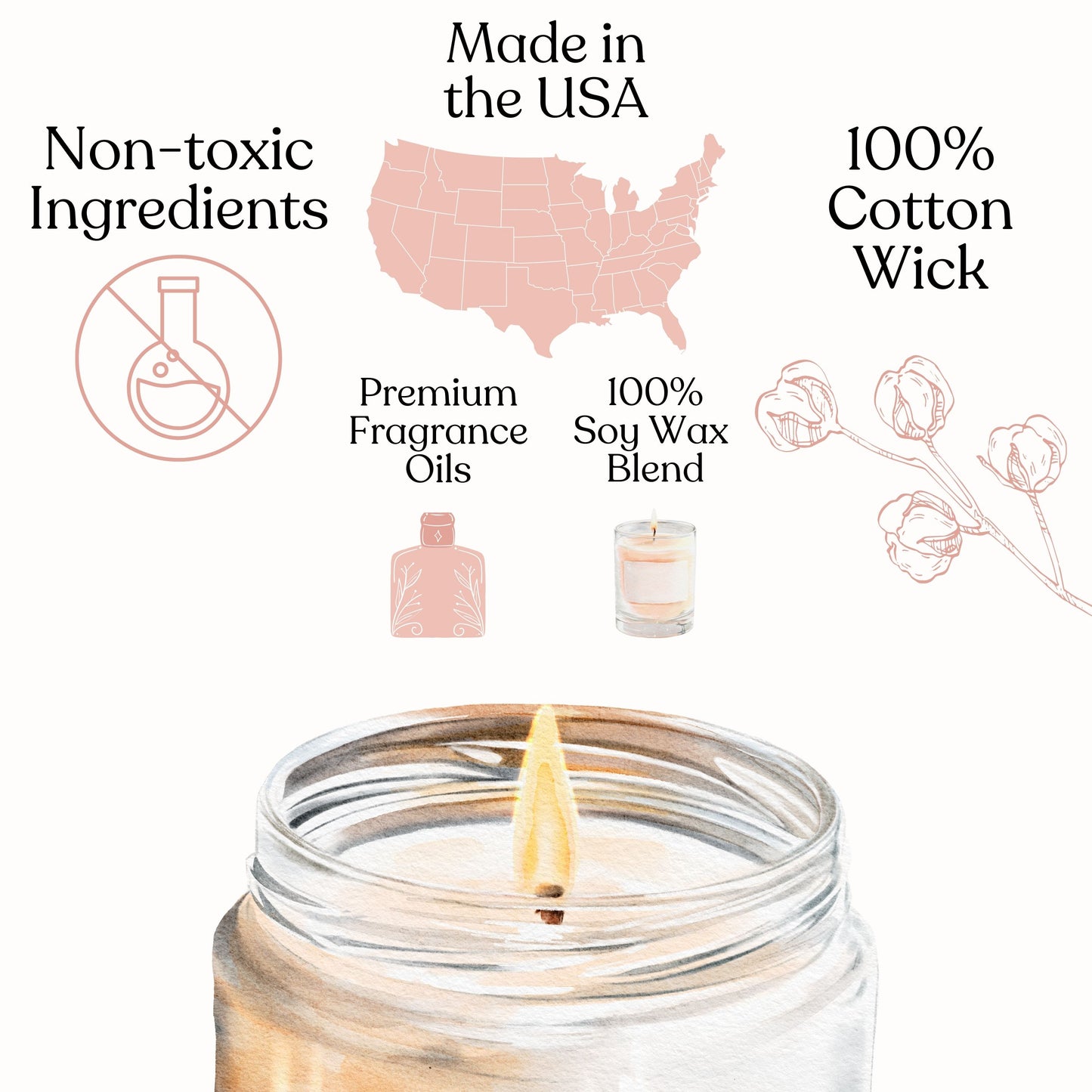 Facts about the products namely Made in the USA, made using non-toxic ingredients and premium fragrance oils, it is made with 100 percent soy wax blend and has 100 percent cotton wick.