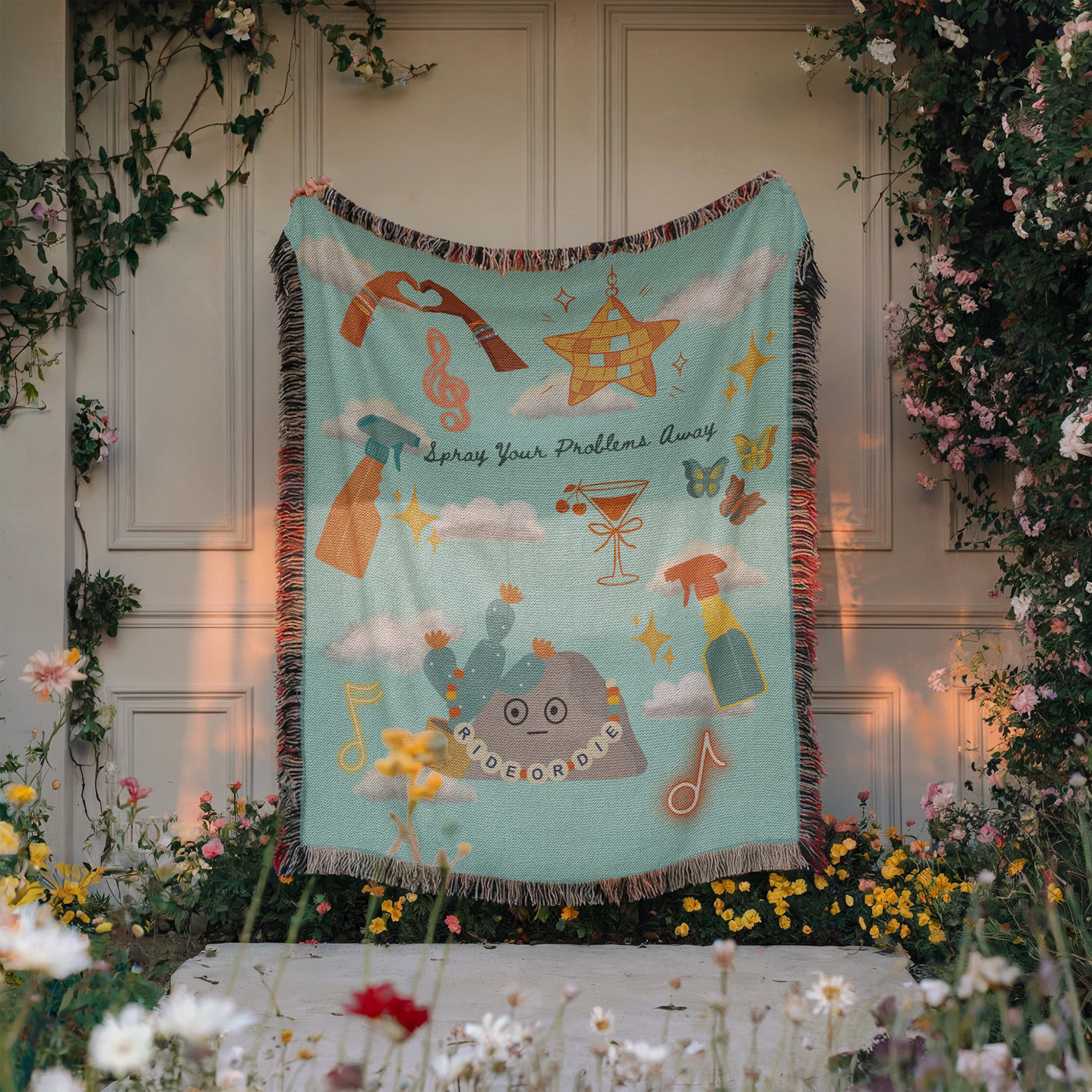 Person holding a colorful blanket with design elements inspired by Taylor's latest Music Video 