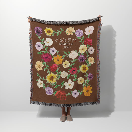 Person holding a woven blanket with floral pattern inspired by the famous Surprise Song Piano