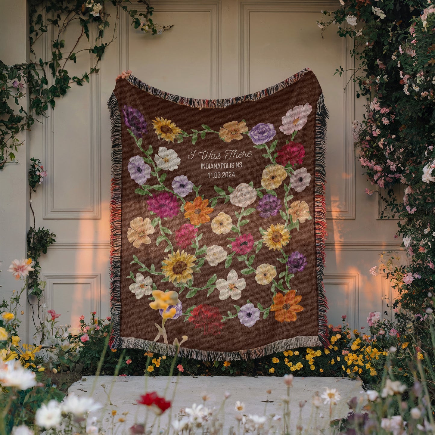 Person holding a woven blanket with floral pattern inspired by the famous Surprise Song Piano